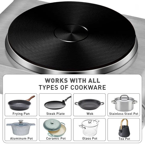 1500W Electric Hot Plate Single Burner With Quick Heat Up, Adjustable Temperature Control, stainless steel portable stove top view with cookware types