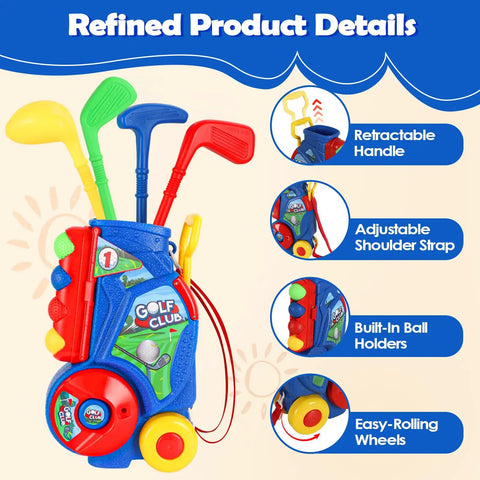 Totally Awesome Toddler Golf Set With Sturdy Rolling Cart Includes Four Beginner Clubs And Bright Durable Balls Perfect For Tiny Pros Ages Three To Five Epic Backyard Play Time, showcasing vibrant clubs and easy-rolling wheels.
