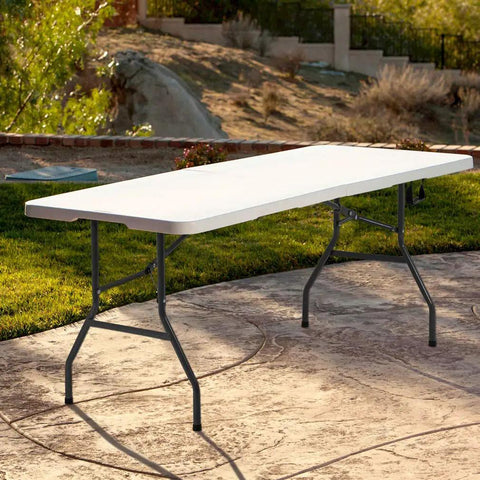 Six Foot Foldable Outdoor Camping Table Plastic White Square For Picnics Parties And Quick Setups Portable With Sturdy Steel Legs Locking Joints And Non Slip Feet