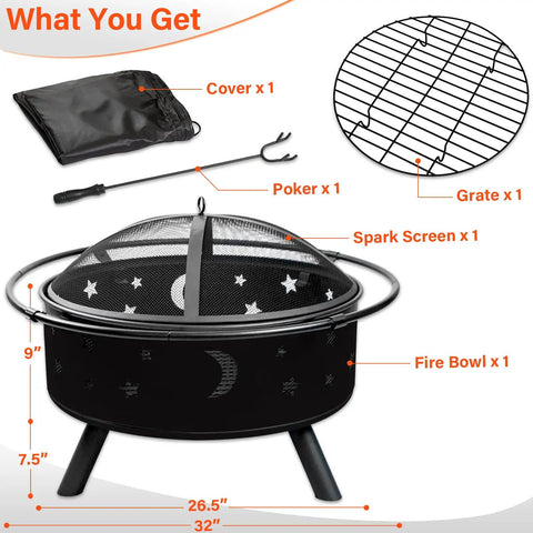 32 Inch 2 In 1 Outdoor Fire Pit Round Metal Firepit For Backyard Patio Garden Bonfires, Camping And BBQ with accessories included