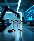 Pack Of 10 Hall Effect Sensor Elements 49E OH49E SS49E displayed on industrial desk with robotic arm and monitor in background.
