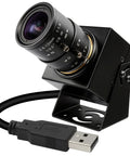 Top Tier High Speed Monochrome USB Camera with adjustable zoom lens, USB cable and mounting bracket for industrial use.