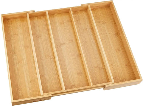 Expandable Bamboo Drawer Organizer For Kitchen Utensils And Flatware Adjustable Cutlery Tray And Knife Organizer Drawer Divider With Five Slots Fits Large Or Small Drawers Go To Kitchen Must Have Home Organizer in natural bamboo finish.
