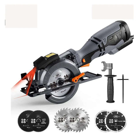 Hardcore Mini Circular Saw Kickin Up Smooth Cuts With 5.8 Amp Motor And 3500 RPM Speed, features 6 premium blades and laser guide.