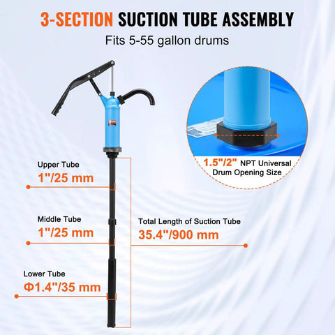 Straight Up Dead Simple Lever Action Drum Pump Fits 5 To 55 Gallon Barrels With 3 Section Suction Tube and Hose for smooth transfer.