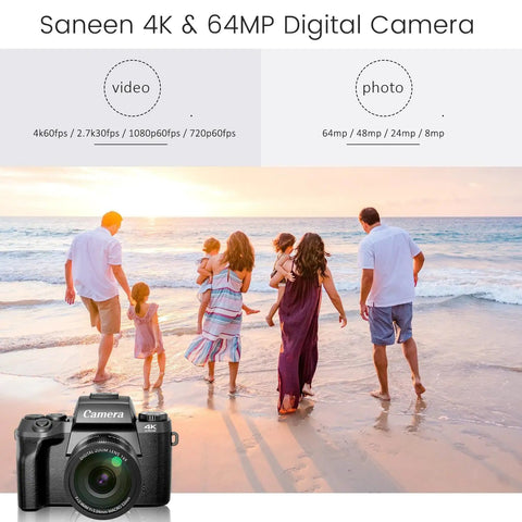 Family on beach with 4K Digital Camera For Photography And Video, 64MP Pro Grade, WiFi Touch Screen Vlogging Camera For YouTube in black.