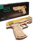 Wolf 01 Handgun 3D Puzzle Rubber Band Gun Mechanical Model Kit For DIY Wood Build, Collectible Hobby Craft, Brain Teaser Puzzle With 60 Rubber Bands, Fires Up To 5 Per Round, 10 Meter Range, Secret Handle Compartment, Torch Mount. Wooden handgun model kit with box