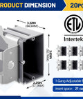 20 Pack 1 Gang Adjustable Square Plastic Electrical Outlet Boxes ETL Listed 21 Cubic Inch PVC Single Gang Junction Boxes For Home Improvement And Construction Flexible Installation Gray with dimensions