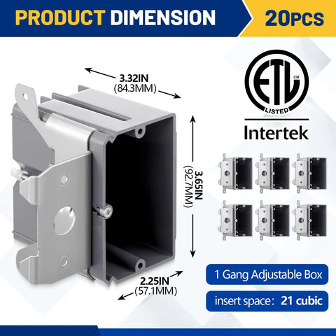 20 Pack 1 Gang Adjustable Square Plastic Electrical Outlet Boxes ETL Listed 21 Cubic Inch PVC Single Gang Junction Boxes For Home Improvement And Construction Flexible Installation Gray with dimensions