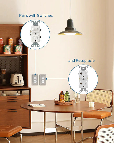 4 Pack Duplex Wall Plates, Durable Metal Outlet Covers For Receptacles And Light Switches, Brushed Nickel Finish in dining room setup.