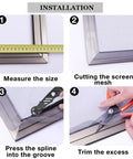 Installation process of Pet Proof Fiberglass Window Screen Mesh Roll 36 Inch By 50 Feet with measuring and cutting steps.