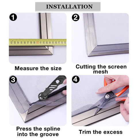 Installation process of Pet Proof Fiberglass Window Screen Mesh Roll 36 Inch By 50 Feet with measuring and cutting steps.