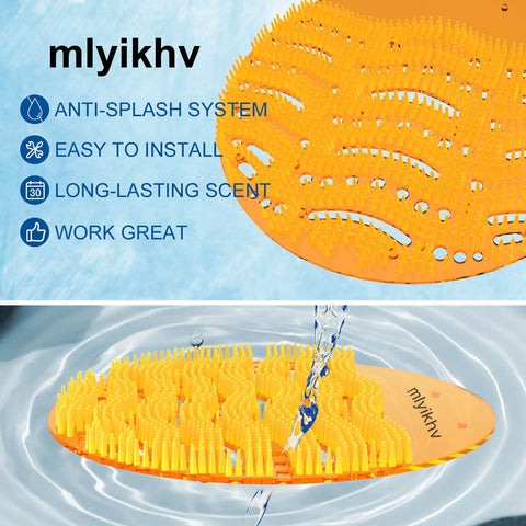 Orange urinal screen with anti-splash design, part of 50 Pack Urinal Deodorizer Screens With Fresh Scent Blue And Orange Anti Splash Urinal Screen For Restrooms Restaurants Offices And Schools Keep Floors Clean Odors Down And Maintenance Quick And Easy.