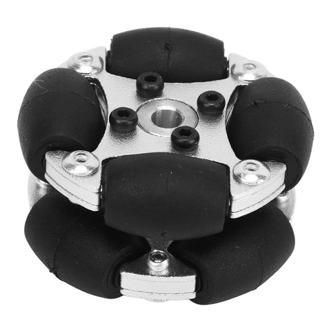 Six 38 mm aluminum omni wheels with metal hubs around a central mounting hub; black rollers for small robot platforms.