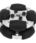 Close-up of omni wheel module with four black PU rollers and silver aluminum hub for small robots, 360-degree movement
