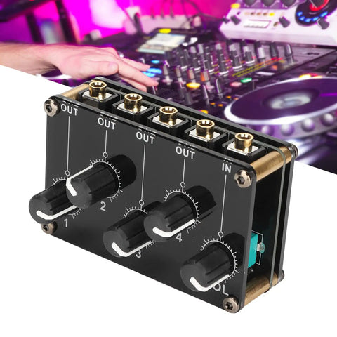 Compact 4 Channel Stereo Mixer For Home Studio Use Passive Live Console with low noise, 4 inputs, 1 output, black