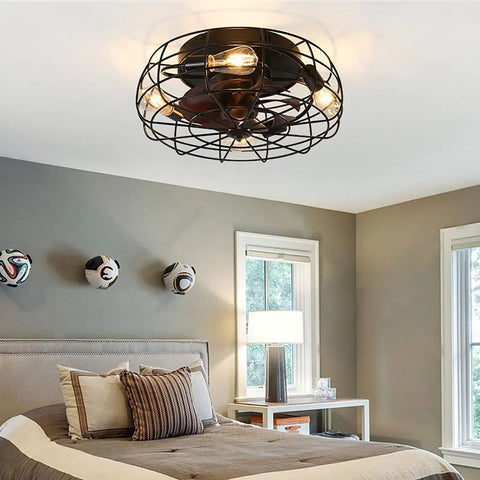 Space Saving 20 Inch Cage Ceiling Fan Light With Remote Control Low Profile Recessed Fixture Six Speed Wind Dope Industrial Matte