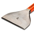 Brick Chisel 4 Inch By 7 And A Half Inch With Enlarged Striking Cap High Visibility Rawhide Paint Bold Size Markings Heat Treated Steel Rust Resistant Lacquer Finish ASME Tested To 150 Percent For Heavy Duty Masonry, close-up view of chisel blade.