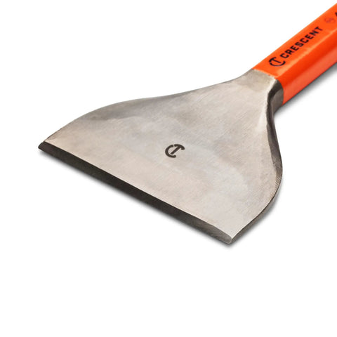 Brick Chisel 4 Inch By 7 And A Half Inch With Enlarged Striking Cap High Visibility Rawhide Paint Bold Size Markings Heat Treated Steel Rust Resistant Lacquer Finish ASME Tested To 150 Percent For Heavy Duty Masonry, close-up view of chisel blade.