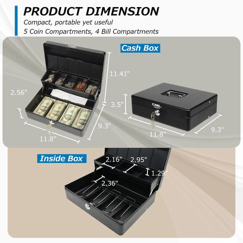 Lockable Cash Box With Coin Tray Durable Metal Money Box with dimensions showing compartments for bills and coins