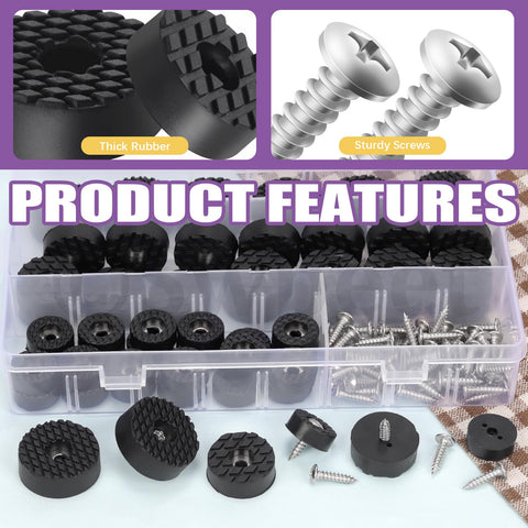 52 Piece Round Black Furniture Pad Set With Screws In 18mm 24mm And 30mm Sizes Heavy Duty Rubber Non Slip Bumpers