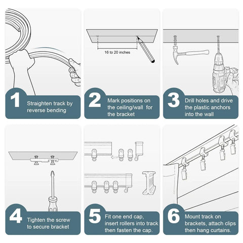 Flexible Bendable Curtain Track Ceiling And Wall Mount Kit Easy Install 12 Foot Sliding System For RV Bay Shower Curtain Rods White Durable Aluminum Includes Mounting Brackets And Hardware, installation steps