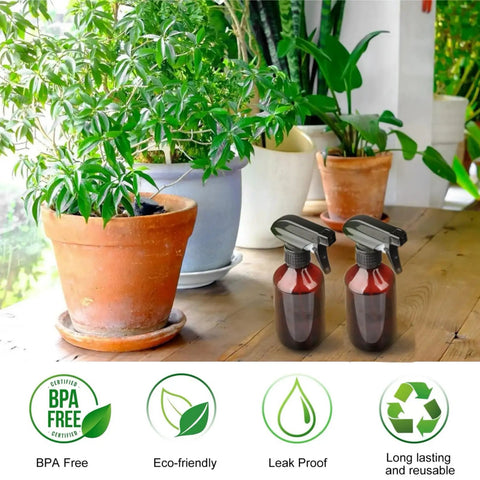 Two Pack 10 Oz Water Spray Bottles BPA Free Refillable With Fine Mist Adjustable Nozzle for plant care on table