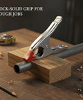 Heavy Duty A-Clamp Locking Pliers Made From Durable Alloy Steel gripping a metal pipe on wooden block for secure assembly.
