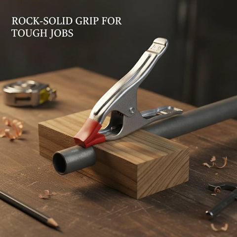 Heavy Duty A-Clamp Locking Pliers Made From Durable Alloy Steel gripping a metal pipe on wooden block for secure assembly.