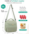 Straight Up Game Changer Super Chic 12l Insulated Breastmilk Cooler Bag With Double Deck Layout shown with dimensions and capacity details.