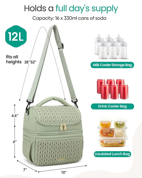 Straight Up Game Changer Super Chic 12l Insulated Breastmilk Cooler Bag With Double Deck Layout shown with dimensions and capacity details.