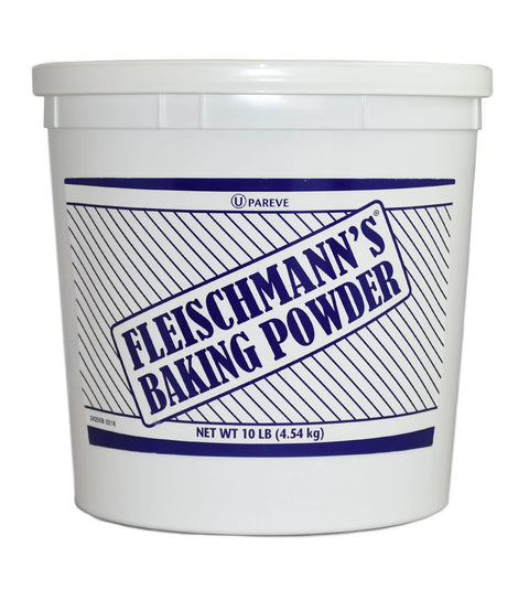 Bucket of Fleischmann's 10 lb baking powder, bakery grade double acting formula for consistent rise in cakes, breads, and pastries.