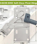 Silent Self Closing Pivot Hinges For Cabinets Smooth As Butter Damper Hardware with dimensions and screw details.