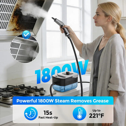 Heavy Duty Handheld Steam Cleaner For Home And Auto, No Fuss Design With Snappy 15 Second Heat Up, Roomy 1600ml Tank, shows a woman using it to clean grease.
