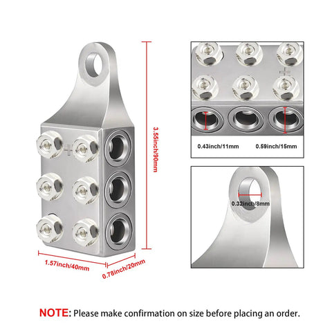 Slick Pro Grade Heavy Duty 12 Way Battery Terminal Distribution Block featuring M8 M5 and 5 16 screw threads, showing dimensions and design.