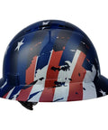 Rock Solid Full Brim Hard Hat With OSHA Certified Safety Helmet Super Lightweight Durable Frame Plus Six Point Ratchet Suspension side view with American flag design.