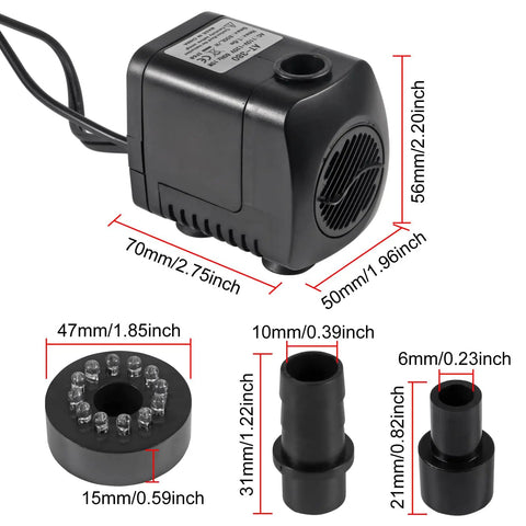 Water Fountain Pump With LED Lights 15W For Aquariums And Ponds, dimensions and parts, 260GPH Flow, 110V Power, auto color change LED