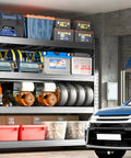 Legit Heavy Duty 4 Tier Steel Shelving Rack 59 By 59 Inches Built To Handle 6400 Pounds For Garage Storage featuring plastic bins and tools.