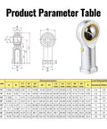 Product Parameter Table for Shop Tested 2 Pack Rod End Bearings With 3/16 Inch Bore And 10-32 Thread Pre Lubed Heim Joints.