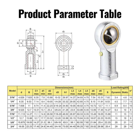 Product Parameter Table for Shop Tested 2 Pack Rod End Bearings With 3/16 Inch Bore And 10-32 Thread Pre Lubed Heim Joints.