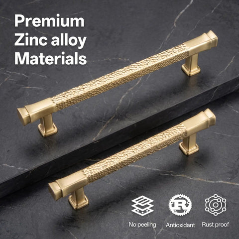 10 Pack Hammered Bar Cabinet Handles with 5 Inch Center Hole Square Modern Gold Drawer Pulls on dark surface
