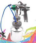 Pro Grade Pressure Feed Spray Gun With Dual Nozzles For Silky Smooth Coatings And Crisp Edge Lines features metal body and clear cup.