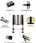Heavy Duty Fourteen And A Half Feet Telescoping Ladder For Indoor And Outdoor Use Aluminum Collapsible Extension Ladder 330 Pound Load Capacity Anti Slip Rungs Rust And Water Resistant diagram showing features