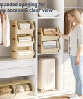 Stackable Closet Organizers And Storage Bins With Open Front Design Steel Frame And Fabric Baskets in wardrobe setup