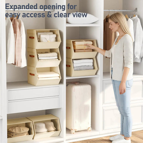 Stackable Closet Organizers And Storage Bins With Open Front Design Steel Frame And Fabric Baskets in wardrobe setup