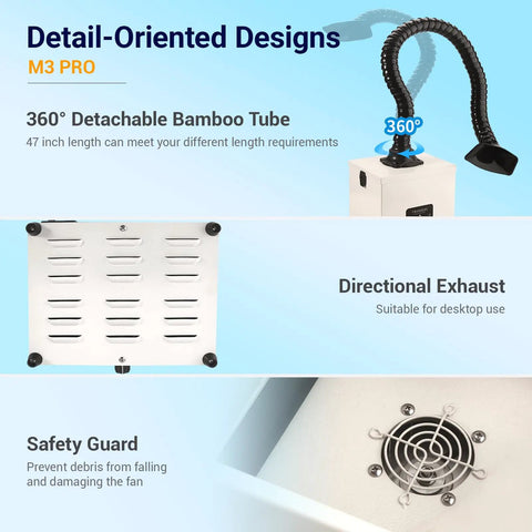M3PRO Solder Fume Extractor Desktop Welding Fume Purifier with detachable bamboo tube and safety guard features.