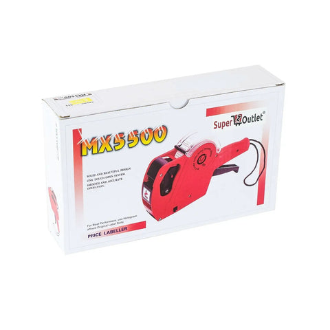 Box packaging of 8 Digit Price Tag Gun Label Maker MX5500 with sticker labels and ink refills for office and retail use