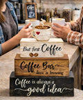 4 Piece Wooden Coffee Bar Decor Set With Rustic Signs For Tiered Tray Farmhouse Coffee Station Table Centerpiece Wood Bar Sign Gift Set For Home Kitchen Tabletop displayed on counter