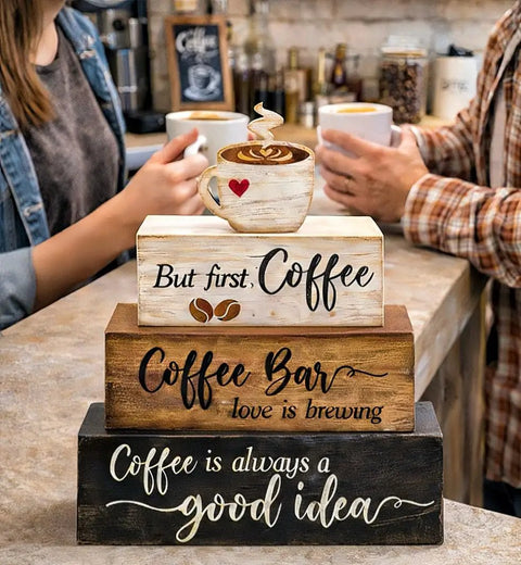 4 Piece Wooden Coffee Bar Decor Set With Rustic Signs For Tiered Tray Farmhouse Coffee Station Table Centerpiece Wood Bar Sign Gift Set For Home Kitchen Tabletop displayed on counter