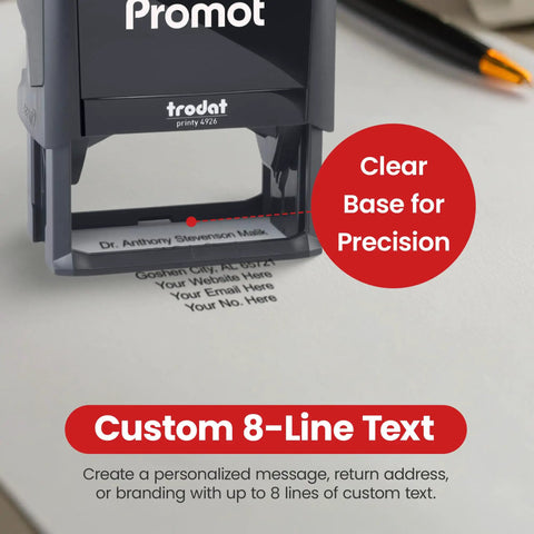 Self Inking Stamp For Name And Address, XXL Custom Rubber Stamp For Home Office Or Biz Use, clear base, text details
